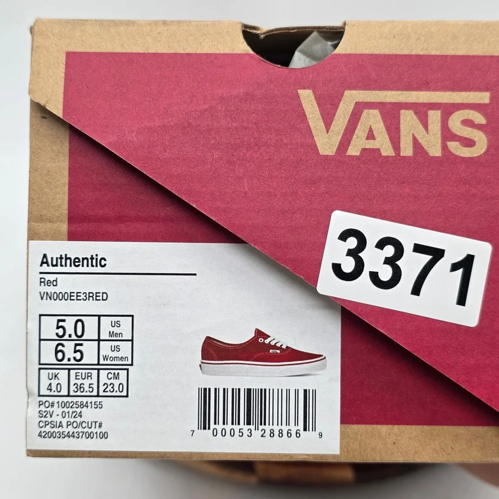 Vans Authentic Red Canvas Low Top Sneakers VN000EE3RED Men's 5 Women's 6.5 New